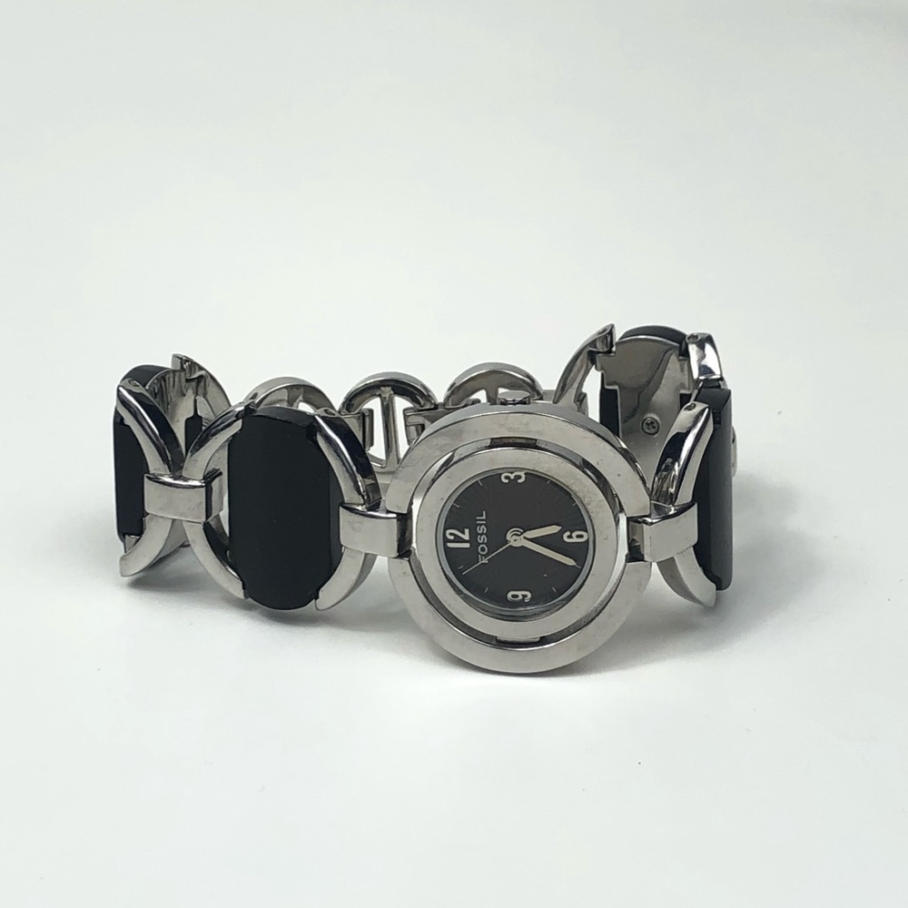 Retro black onyx and silver stainless steel watch